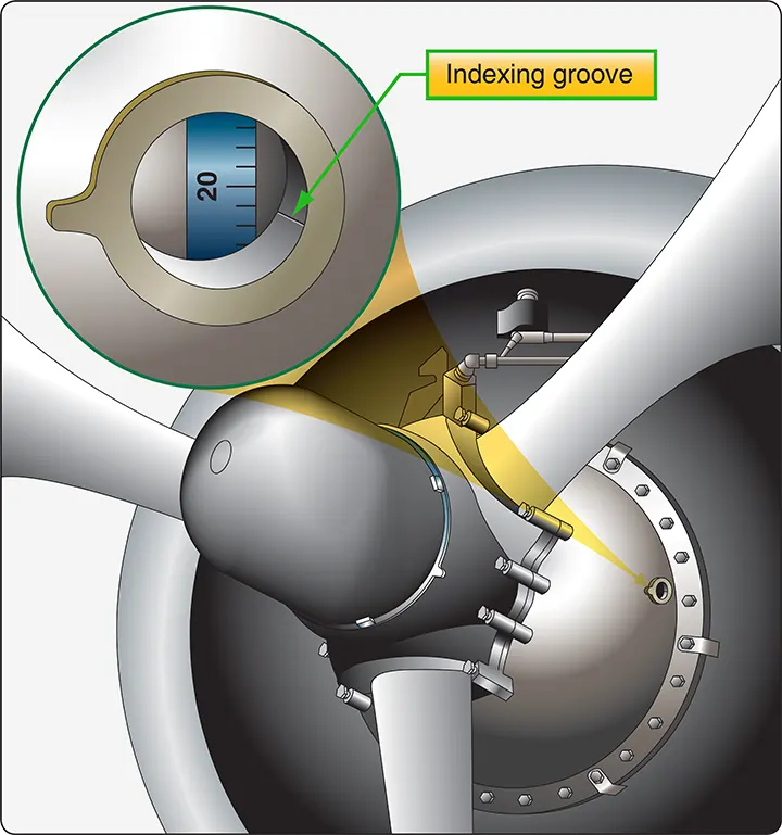 Illustration showing a built-in timing mark on a propeller reduction gear used to establish the correct crankshaft position for magneto timing