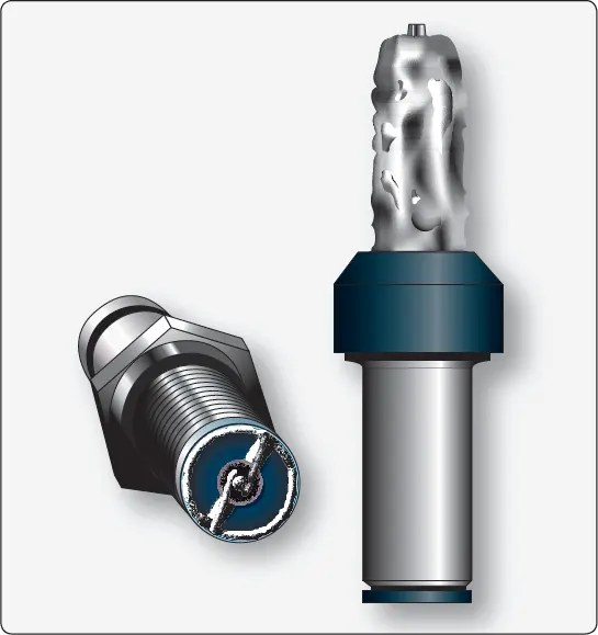 Aircraft engine spark plug showing lead deposits on the firing end caused by lead fouling