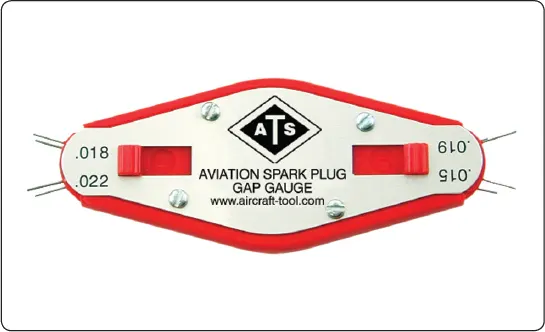 Wire gap gauge used to measure the electrode gap of an aircraft engine spark plug during inspection and adjustment