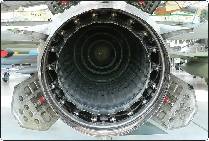 Illustration of a variable-area exhaust nozzle used to regulate exhaust flow during afterburner operation