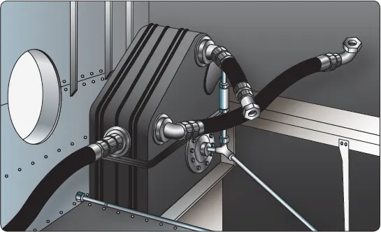 Illustration demonstrating how to disconnect oil lines from an aircraft engine lubrication system during maintenance