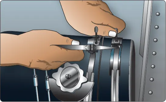Illustration showing the removal of securing straps that hold an aircraft engine oil tank in place during maintenance