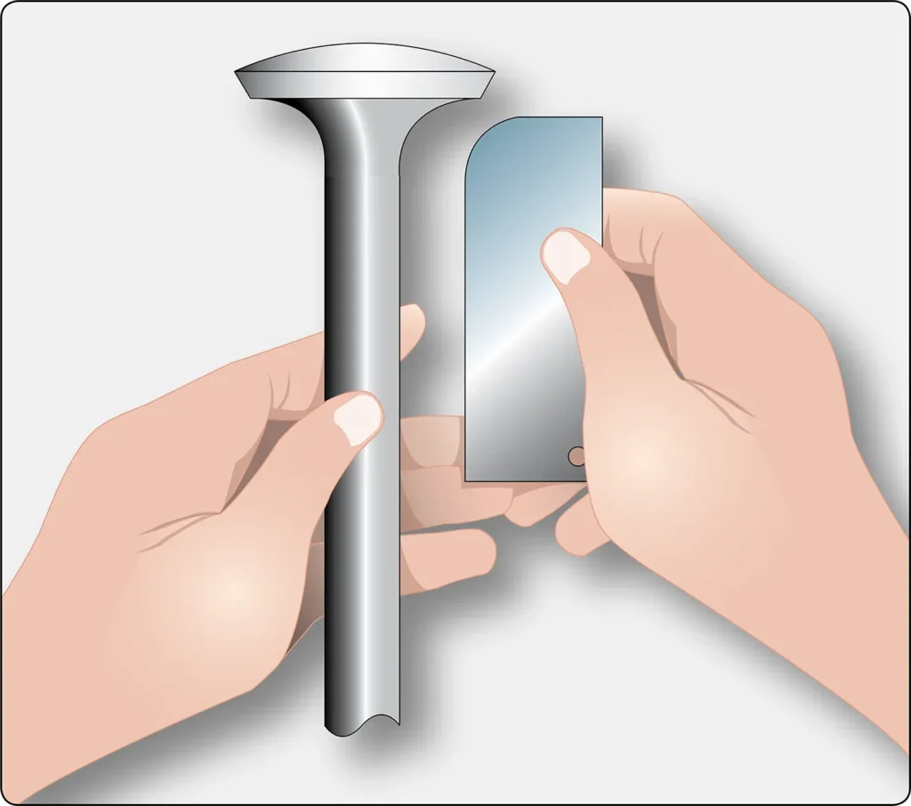 Illustration showing an engine valve being checked for stretch using a manufacturer-specified gauge to verify its dimensions during inspection