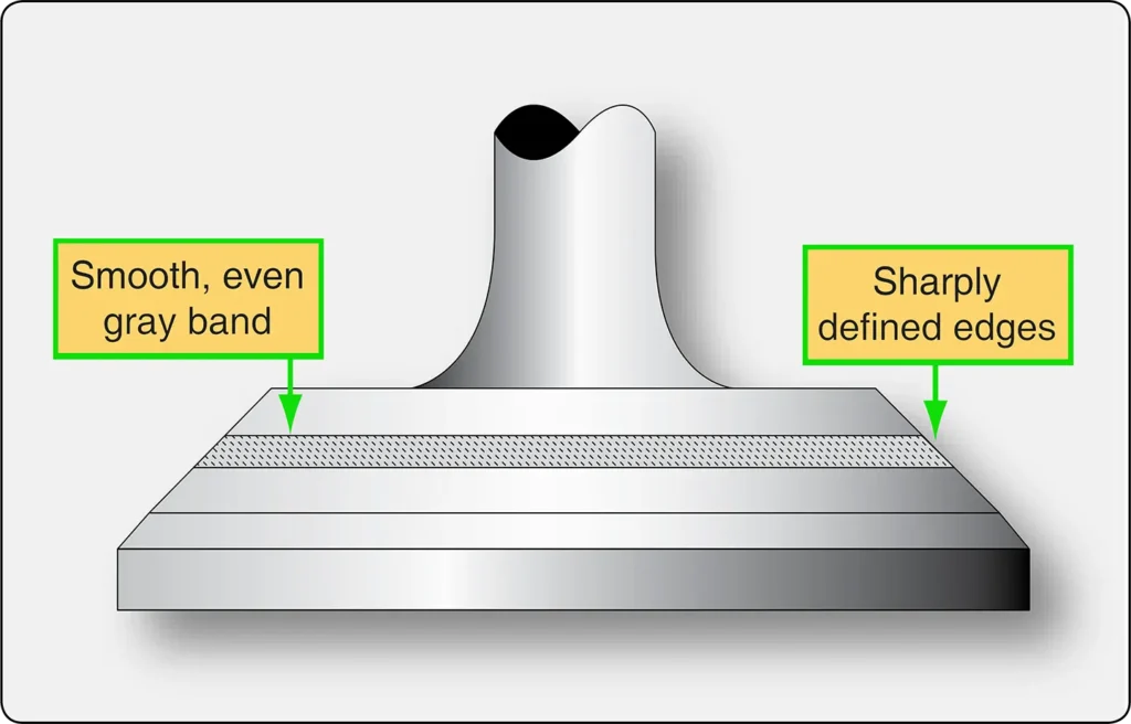 Engine valve showing a properly lapped seating surface with a uniform contact band for effective sealing against the valve seat