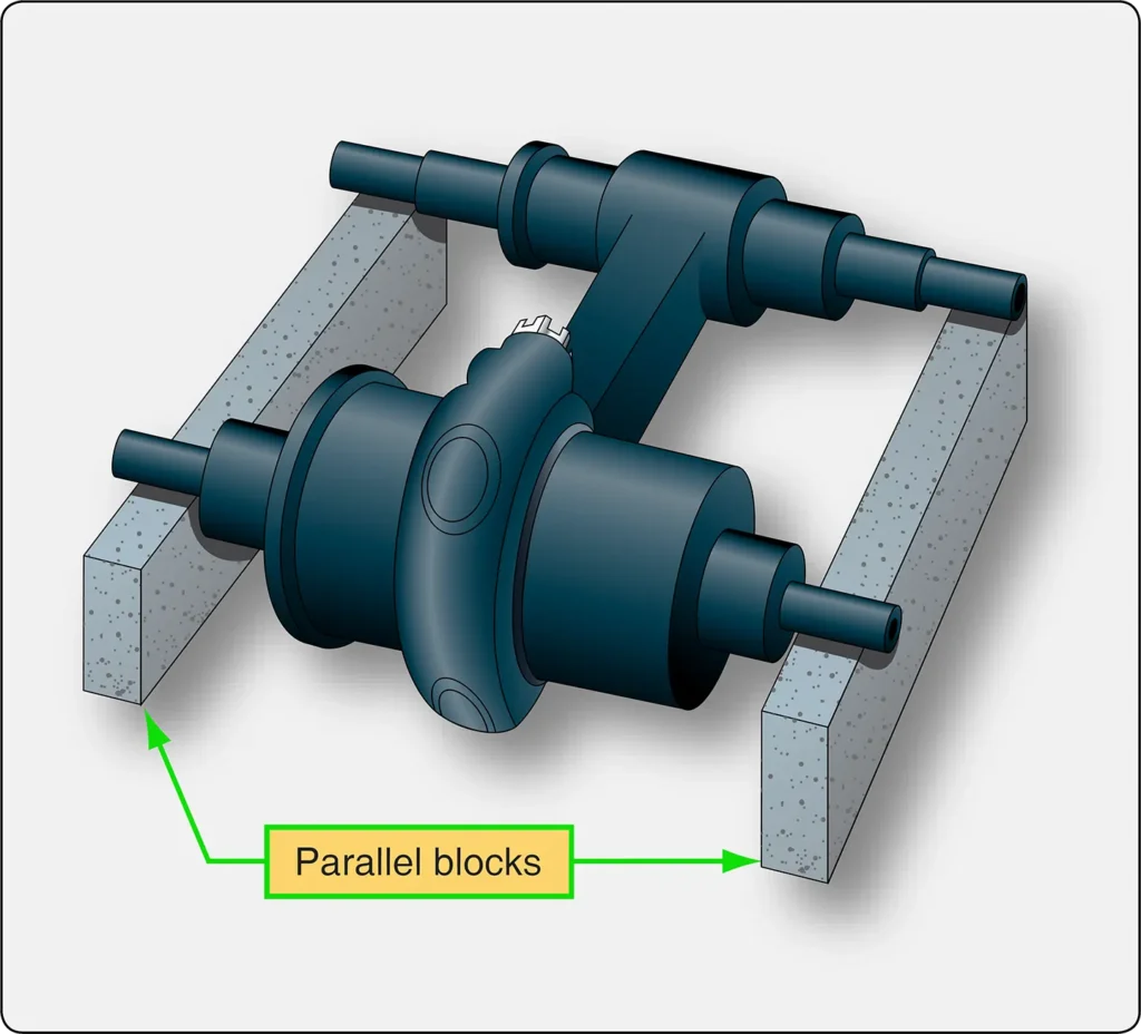 Illustration demonstrating how to check an engine connecting rod for squareness using a precision inspection setup to detect bending or misalignment