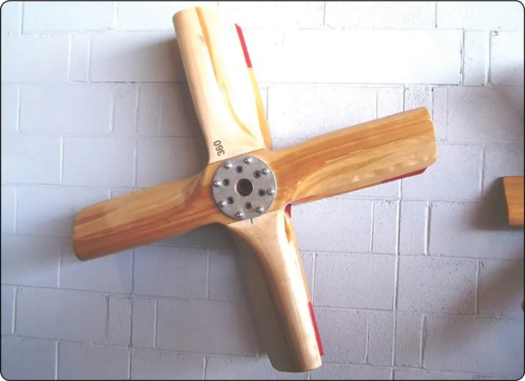 Short, heavy test club propeller mounted on an aircraft reciprocating engine for ground testing and evaluation of engine performance.