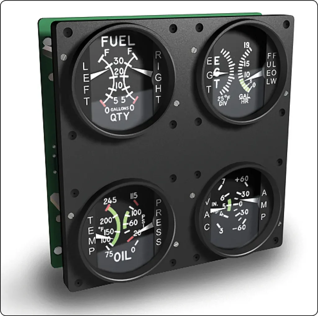 Aircraft engine test instrument clusters displaying operating parameters such as engine speed, oil pressure, oil temperature, and cylinder head temperature during ground testing