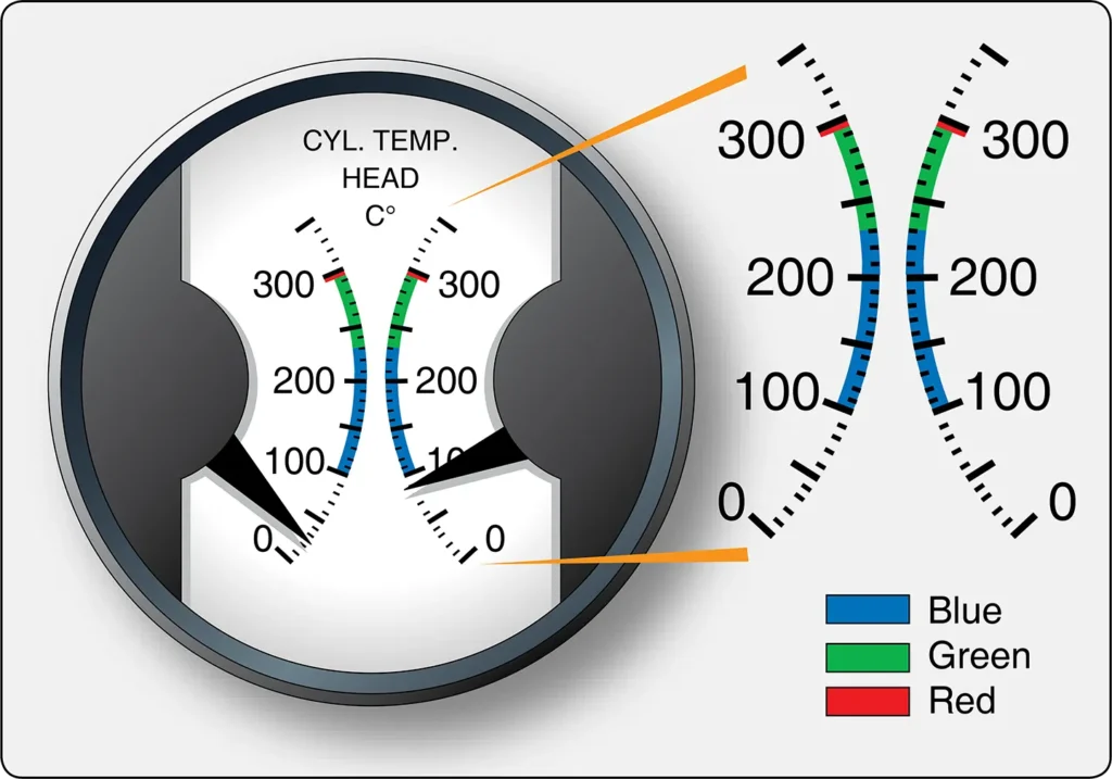 Cylinder head temperature gauge used during aircraft engine testing to monitor the operating temperature of the engine cylinders