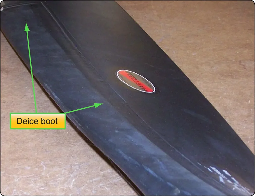 Electric propeller deicing boot fitted to a blade surface, containing heating elements that warm the blade to loosen and shed accumulated ice