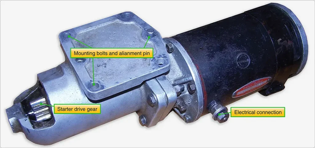 Close-up of a starter drive gear showing its mounting holes and electrical connector for installation and connection to the starting system