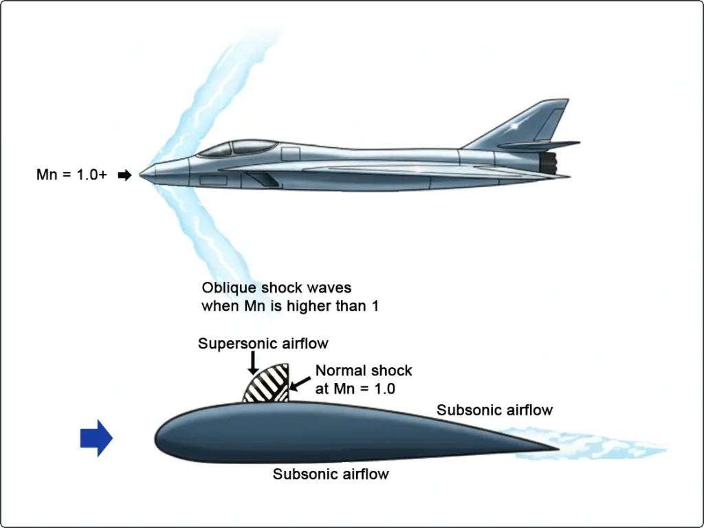Diagram illustrating the formation of a shock wave in supersonic airflow