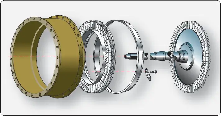 Gas turbine casing assembly surrounding and supporting the turbine rotor and stationary components