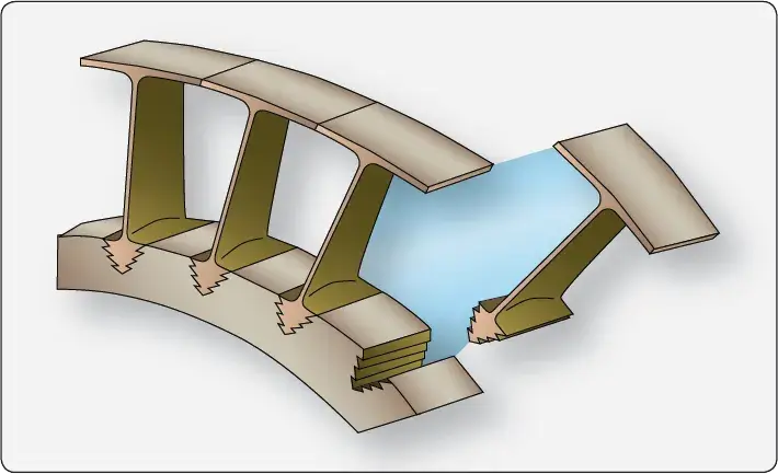 Shrouded turbine blades with integrated blade-tip shrouds used to control gas leakage and improve turbine efficiency