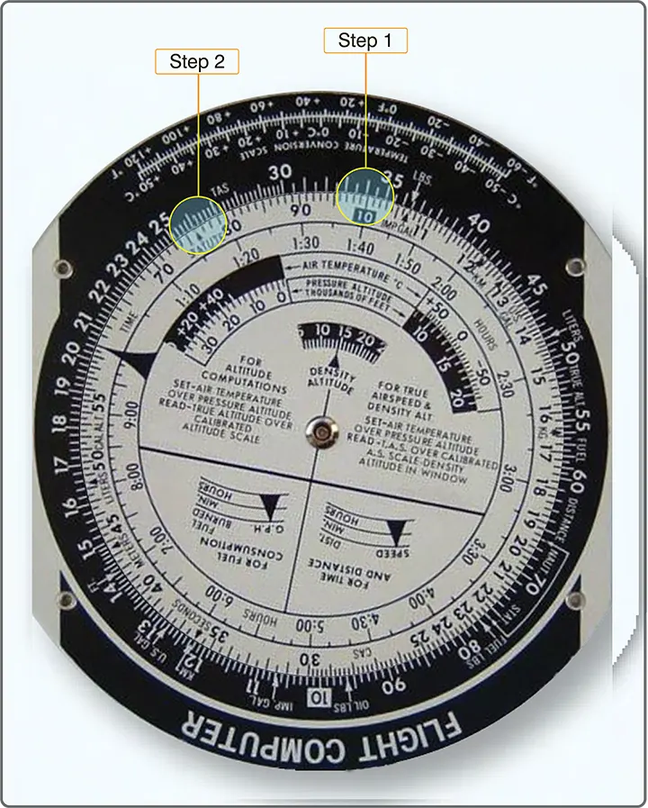 E6-B flight computer set up to multiply 340 by 78 for an aviation calculation