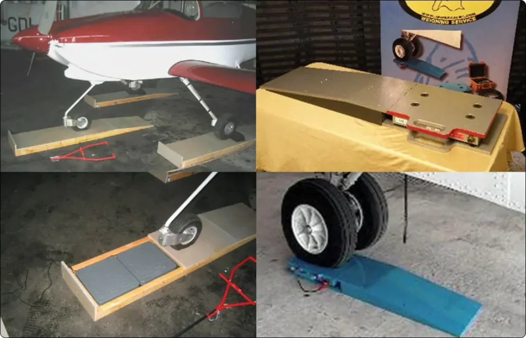 Ramp scales positioned beneath an aircraft’s landing gear to measure wheel loads during aircraft weighing and empty weight center of gravity calculations
