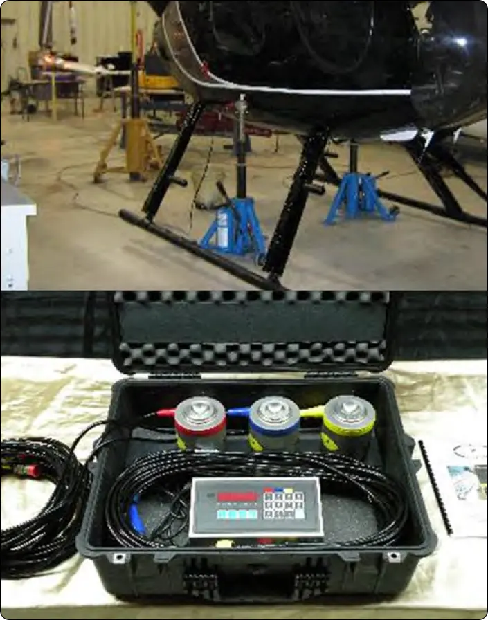 Aircraft load cell scales used to measure landing gear loads accurately during weighing to determine empty weight and center of gravity